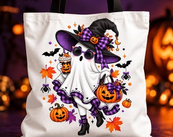 Halloween Tote Bag | Trick or Treat Bag, Witch Ghost Pumpkin Design