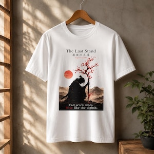 Camiseta con estampado de puesta de sol en flor de cerezo samurái, camiseta de guerrero japonés, camiseta de algodón zen