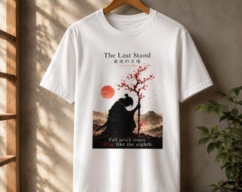 Samurai Cherry Blossom Sunset Graphic Tee, Japanese Warrior T Shirt, Zen Cotton Tee