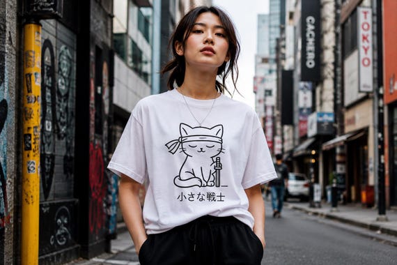Samurai Cat Shirt, Japanese Neko Warrior Tee, Minimalist Anime Inspired Graphic Tee