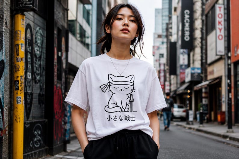 Camiseta de gato samurái, camiseta de guerrero neko japonés, camiseta gráfica minimalista inspirada en el anime. imagen 1