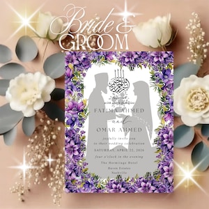May include: A rectangular wedding invitation card featuring a border of purple lilies and green foliage. The center displays grey silhouettes of a couple, Arabic calligraphy, and the text: FATIMA AHMED and OMAR AHMED, SATURDAY, APRIL 22, 2026.