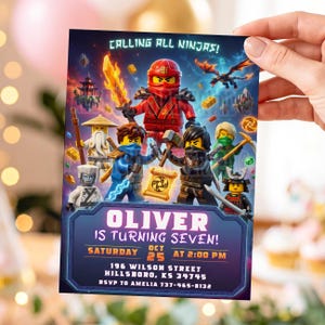 Könnte beinhalten: Eine rechteckige Geburtstagseinladungskarte mit Lego Ninjago-Figuren vor einem Weltraumhintergrund. Der Text lautet: Calling All Ninjas! Oliver is turning seven! Saturday, Oct 25 at 2:00 PM, 196 Wilson Street, Hillsboro, KS 34745, RSVP to Amelia 737-465-8132.