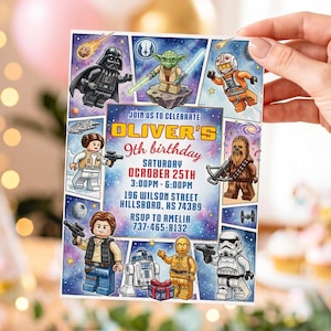 May include: A rectangular birthday invitation card featuring Lego-style space characters including Darth Vader, Yoda, and Chewbacca. The text reads: JOIN US TO CELEBRATE OLIVER'S 9th birthday SATURDAY OCROBER 25TH 3:00PM - 6:00PM 196 WILSON STREET HILLSBORO, KS 74389 RSUP TO AMELIA 737-465-8132.