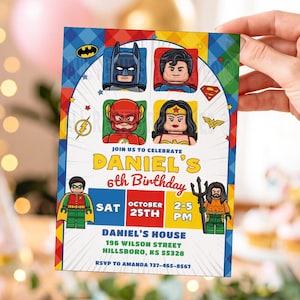 Invitación de cumpleaños de superhéroes, invitación para fiesta de superhéroes con bloques de construcción, superhéroe de cómic, plantilla editable de Canva, descarga digital.