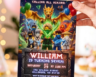 Ninja Go Birthday Invitation, Brick Building Block Boy Party Invite, Action Hero Digital Download, Editable Canva Template