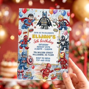 Könnte beinhalten: Eine rechteckige Geburtstagseinladungskarte mit bunten Superheldenfiguren im Baustein-Stil. Der Text lautet: JOIN US TO CELEBRATE ELIJAH'S 5th birthday SATURDAY AUGUST 25TH 2:00PM - 5:00PM 196 WILSON STREET HILLSBORO, KS 74389 RSVP TO SOFIA 737-465-8132.