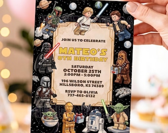 Star Wars Birthday Invitation, Brick Toy Galaxy Space Party Invite, Editable Canva Template, Digital Download