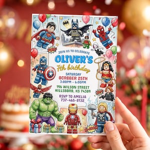 Könnte beinhalten: Eine rechteckige Geburtstagseinladungskarte mit verschiedenen Superhelden-Minifiguren wie Batman, Spider-Man, Hulk, Iron Man und Thor. Der Text lautet: JOIN US TO CELEBRATE OLIVER'S 7th birthday SATURDAY OCTOBER 25TH 3:00PM - 6:00PM 196 WILSON STREET HILLSBORO, KS 74389 RSVP TO AMELIA 737-465-8132.
