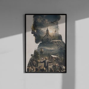 Puede incluir: Un póster vertical enmarcado con una ilustración de doble exposición. La silueta de una persona con barba y gafas de sol se superpone a un paisaje rural con una iglesia, una torre de agua, un granero y una multitud alrededor de una figura.