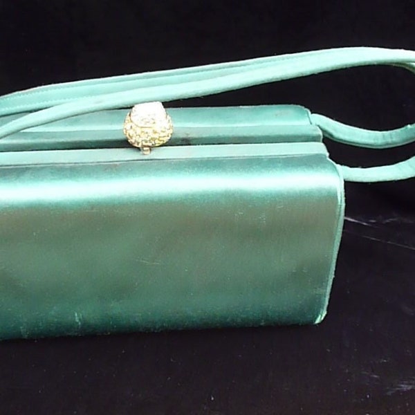 Vintage Lux Emerald Green Silk Satin Bergdorf Goodman Evening Bag Box Clutch with Jeweled Clasp