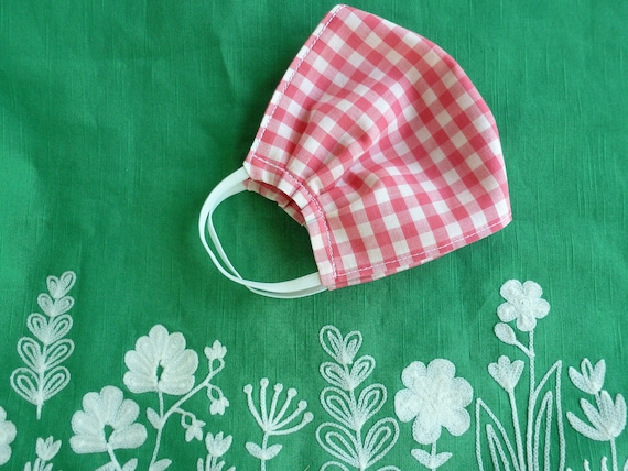 Lightweight Cotton Face Mask Pink Plaid Full Coverage Fits Over PPE Medium