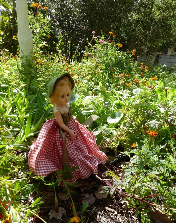 SALE! Sweet Vintage Garden Girl Doll with Fluttering Green Eyes Auburn Hair & Plaid Dress