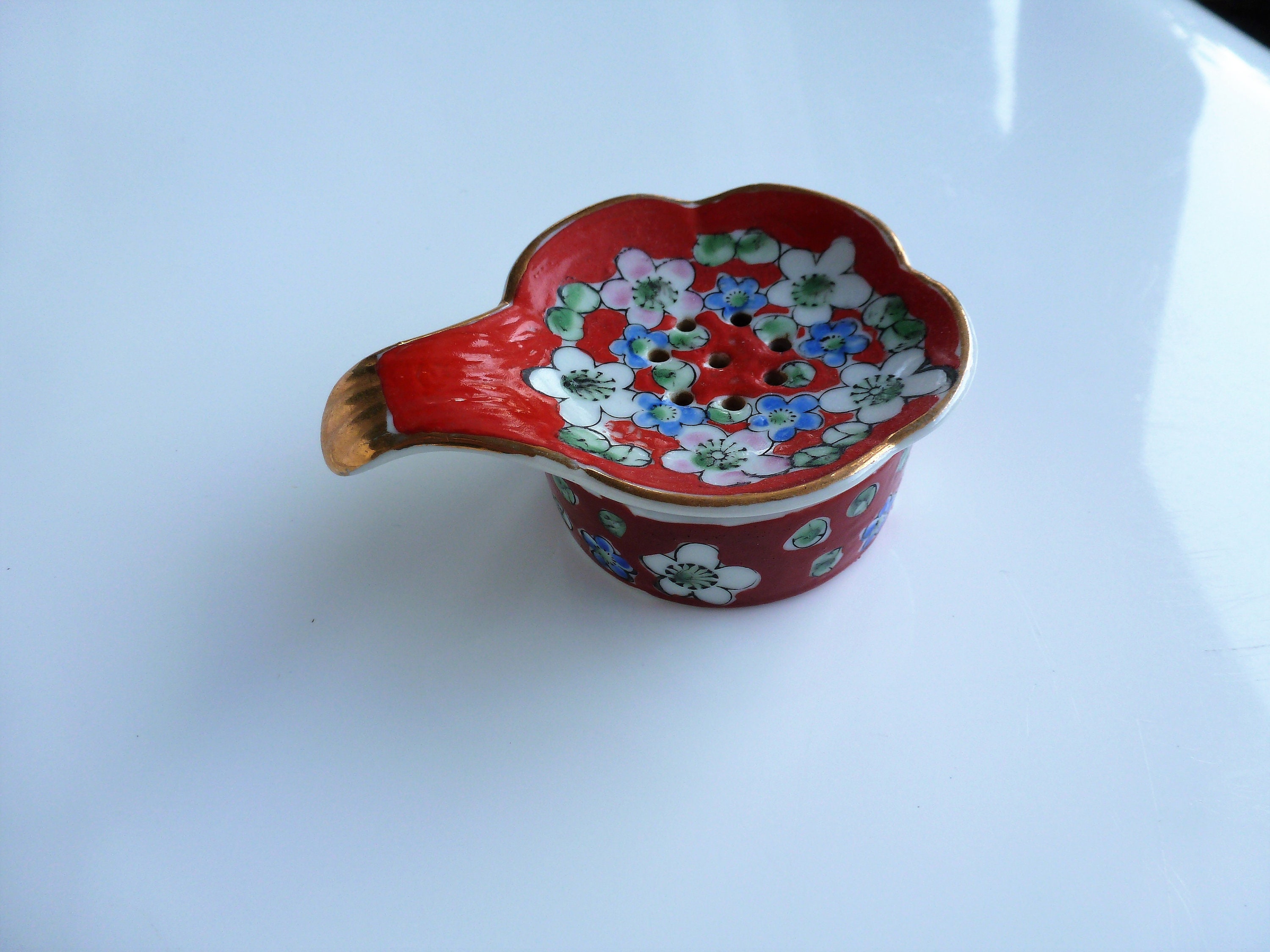 Vintage Porcelain Tea Strainer with Drip Cup Hand Painted Cherry