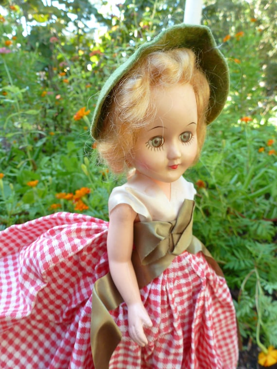 SALE! Sweet Vintage Garden Girl Doll with Fluttering Green Eyes Auburn Hair & Plaid Dress