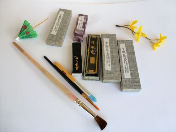 SALE! Vintage Set of 4 Hu Kaiwen Beautifully Gilded Calligraphy Ink Sticks with Original Boxes