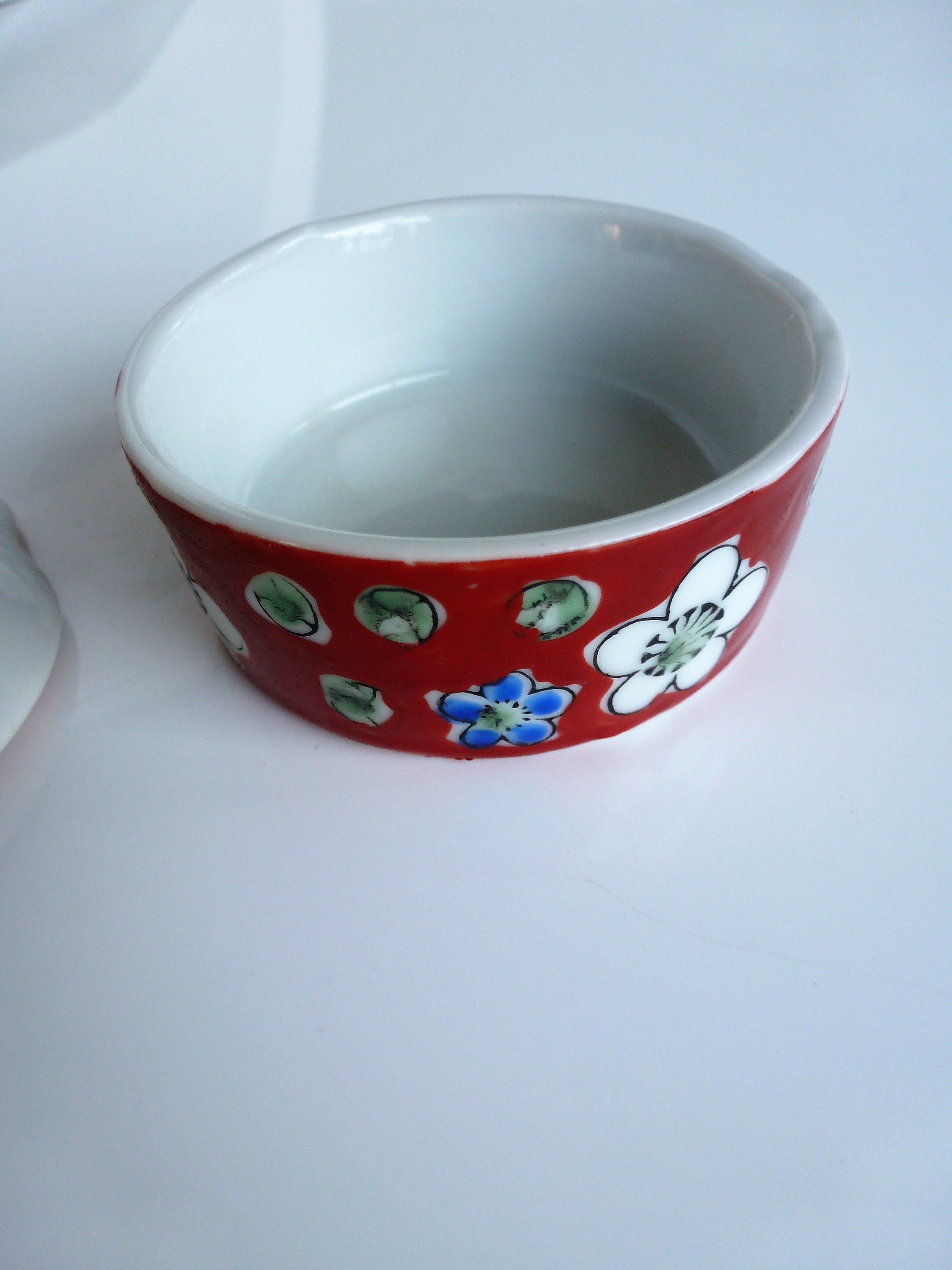 Vintage Porcelain Tea Strainer with Drip Cup Hand Painted Cherry