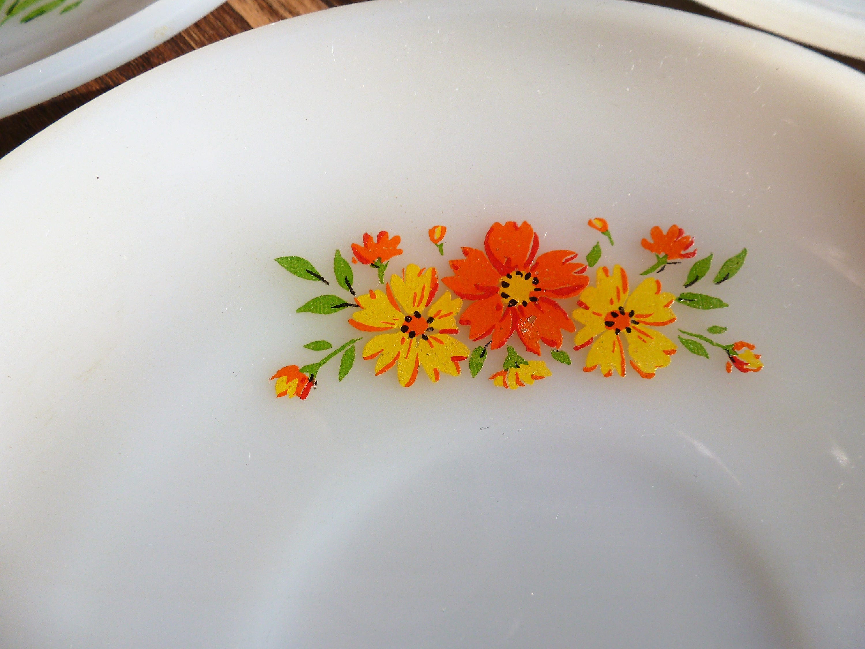 Three Vintage Fire King Saucers Tulip and Daisy Flower Patterns 1940s