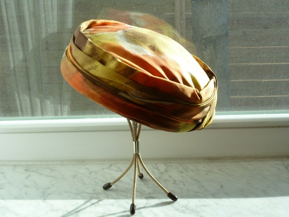 Vintage Hand Painted Silk Pillbox Hat: Watercolor Fall Colors