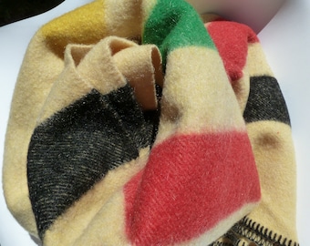 SALE! Rare Vintage Hudson Bay Style Wool Blanket Yellow with Four Colors & Black Yarn Trim Full Size