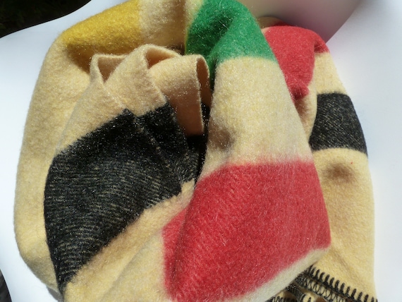 SALE! Rare Vintage Hudson Bay Style Wool Blanket Yellow with Four Colors & Black Yarn Trim Full Size