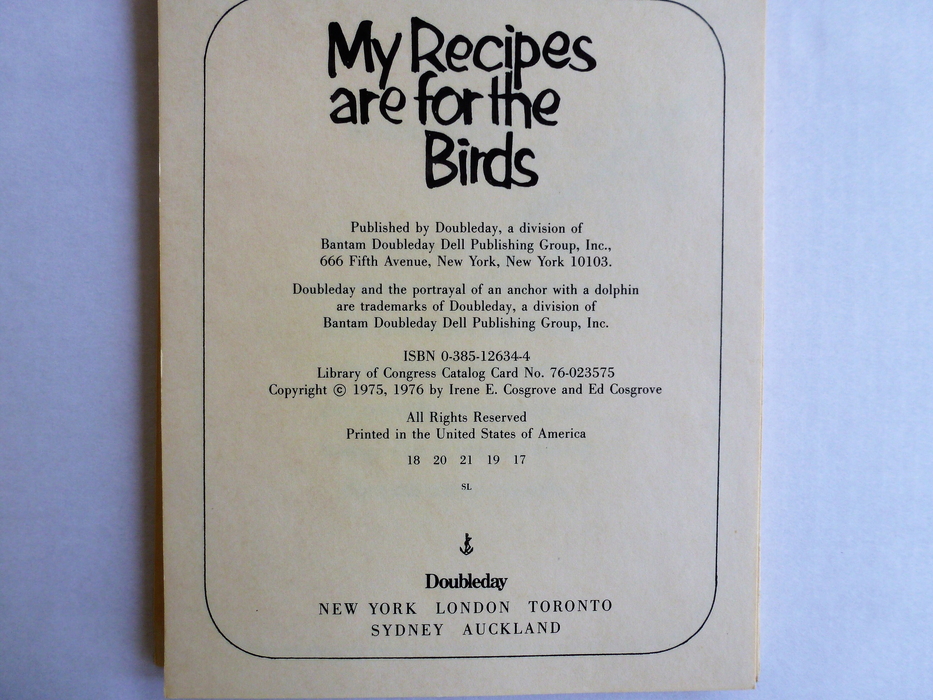 Vintage Bird Food Recipe Book Cosgrove