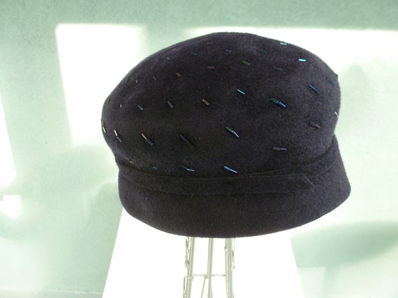 Lux Vintage Blue Wool Beaded Demi Cloche Hat Perfect for Cocktail Party
