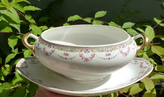 SALE! RARE PATTERN Vintage Art Deco Limoges Leonard Bernardaud B & Co 22K Gold Dbl Handled Sauce Server