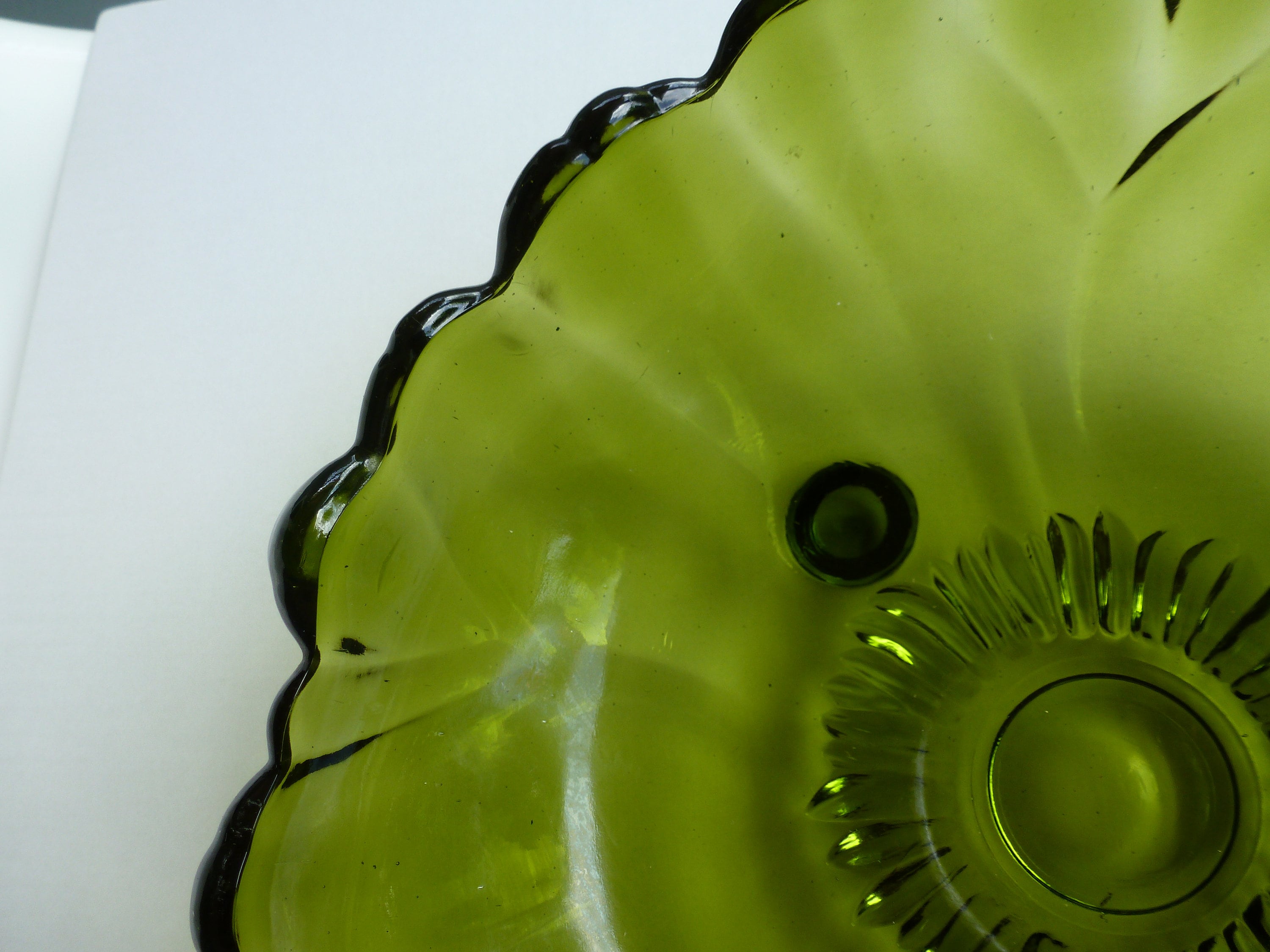 Vintage Green Glass Footed Floral Scallop Bowl