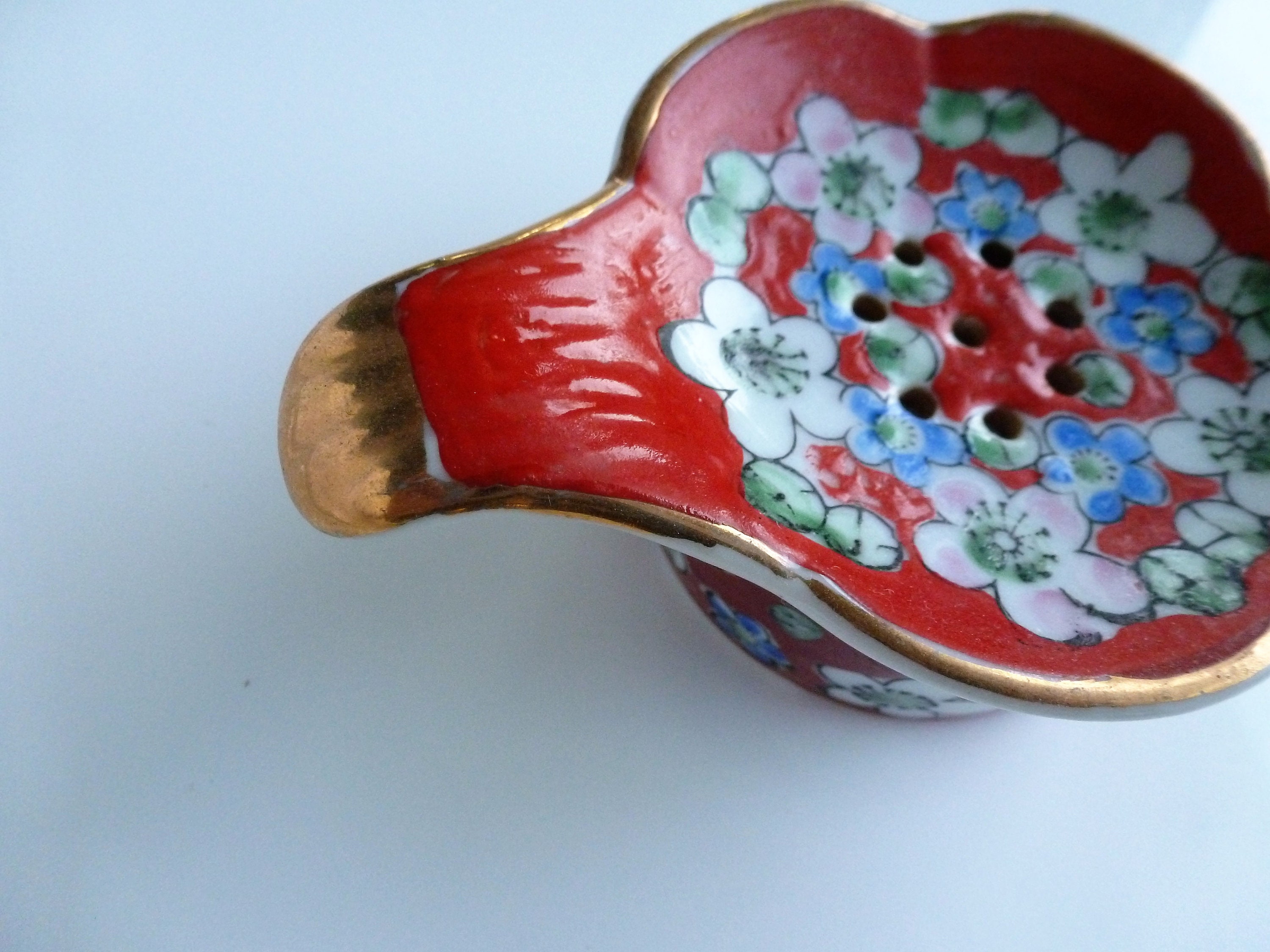 Vintage Porcelain Tea Strainer with Drip Cup Hand Painted Cherry Blossom Detail