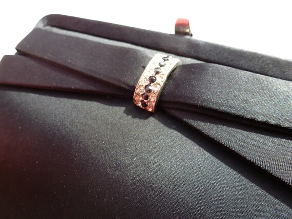 Vintage Black Silk Satin Evening Clutch Purse Folded Bow & Jeweled Clasp Cocktail Party PROM!