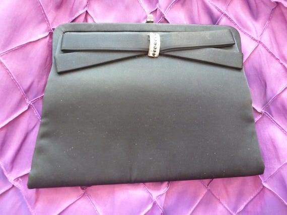 Vintage Black Silk Satin Evening Clutch Purse Folded Bow & Jeweled Clasp Cocktail Party PROM!