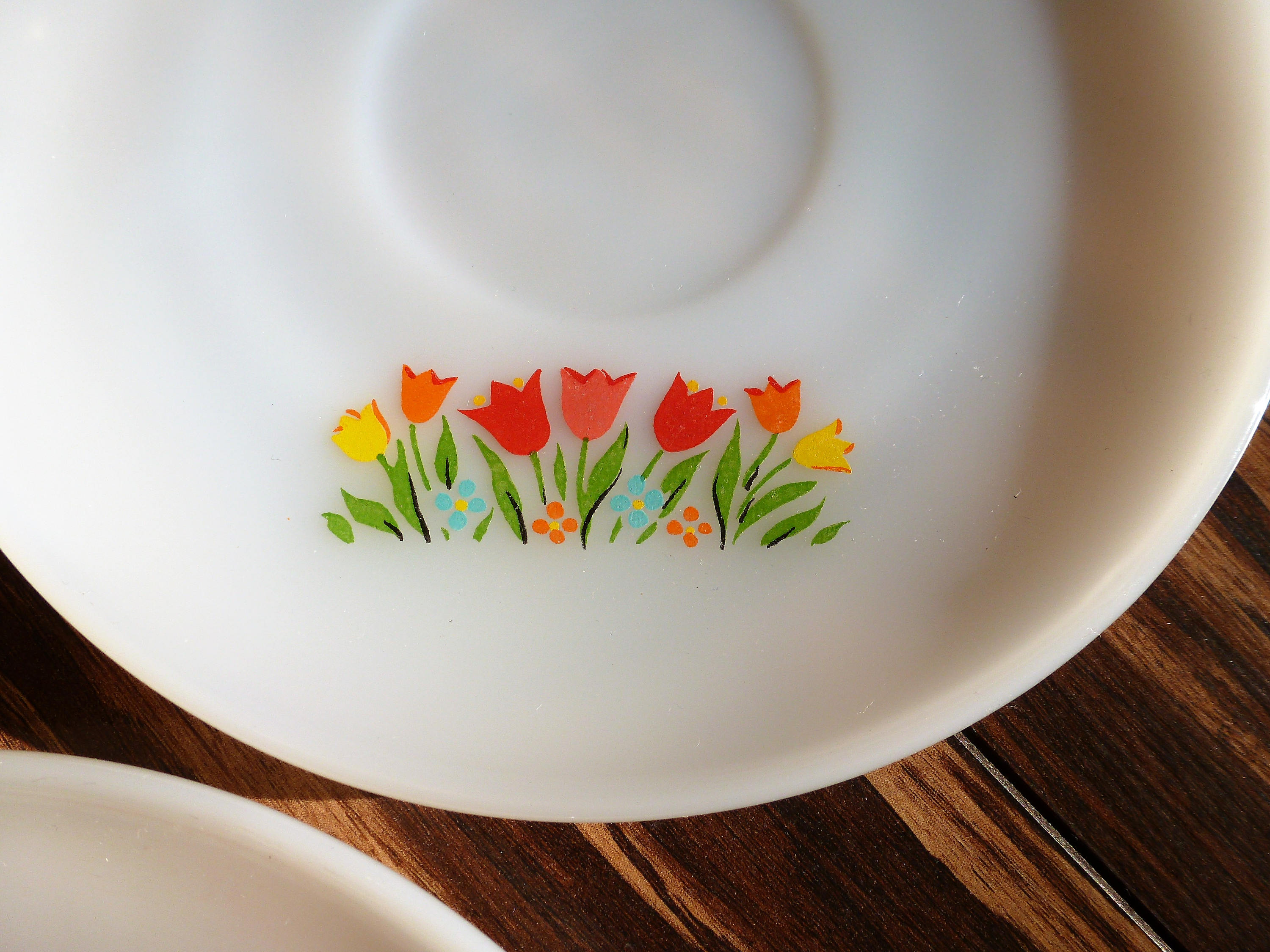 Three Vintage Fire King Saucers Tulip and Daisy Flower Patterns 1940s