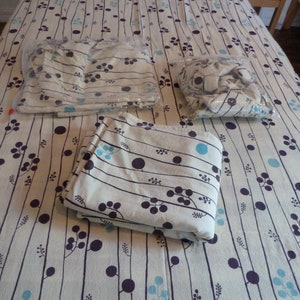 Puede incluir: Tres s&aacute;banas de tela con estampado blanco y azul dobladas sobre un edred&oacute;n con estampado blanco y azul. Las s&aacute;banas tienen un dise&ntilde;o de l&iacute;neas negras y peque&ntilde;os c&iacute;rculos azules y negros.