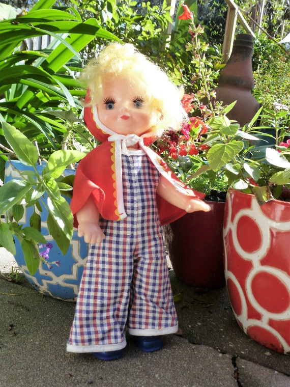 SALE! Vintage Tall Dress Me Doll with Red Cape Plaid Bell Bottoms and Blue Shoes Goldilocks Red Riding Hood