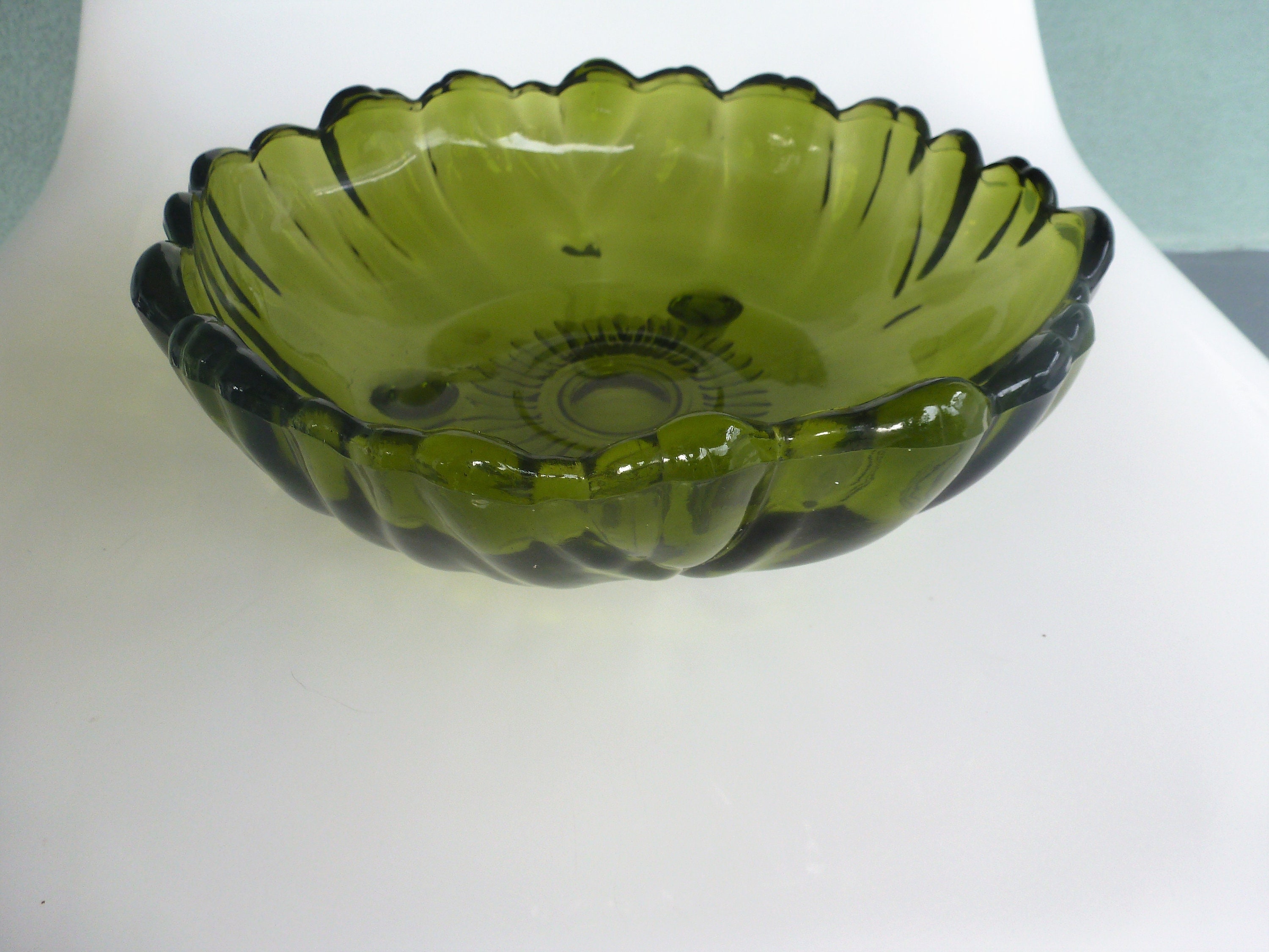 Vintage Green Glass Footed Floral Scallop Bowl