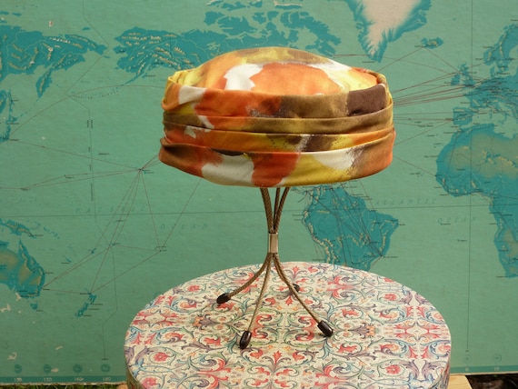 Vintage Hand Painted Silk Pillbox Hat: Watercolor Fall Colors