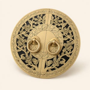 May include: A circular brass door plate featuring two swinging ring handles. The plate has a matte gold finish with intricate cut-out floral and vine patterns layered over a solid black background, creating a high-contrast decorative hardware piece.