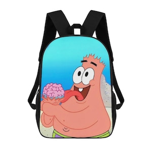 May include: A black backpack featuring a large, colourful graphic of the pink starfish character Patrick Star on the front panel. The character is depicted with a wide smile, tongue out, holding a pink brain-shaped object against a blue background.