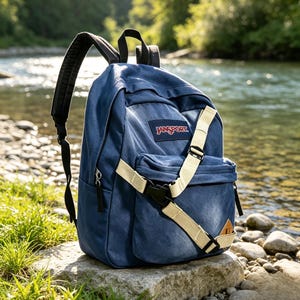 Może przedstawiać: Niebieski plecak JanSport z przednią kieszenią, beżowym systemem pasków i czarną plastikową klamrą. Plecak posiada czarne szelki, górny uchwyt oraz prostokątną naszywkę z napisem JanSport wykonanym czerwoną i białą czcionką.
