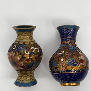 Pair of Chinese Miniature Cloisonne Vases, Vintage Antique Asian Enamel Vessel