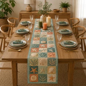 Coastal Seashell Table Runner, Quilted Beach Dining Decor, Starfish Coral Table Linen, Summer Ocean Home Accent