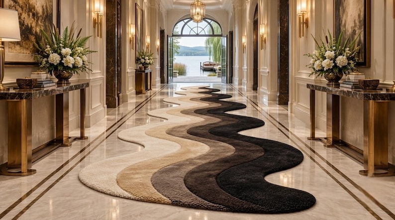 Hand Tufted New Zealand Wool Runner Rug, Luxury Abstract Wavy Black ...