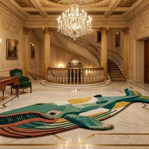 Alfombra de lana de Nueva Zelanda con forma de ballena, tejida a mano, alfombra de animales marinos, alfombra de lana irregular de lujo, alfombra costera para guardería, estilo moderno.