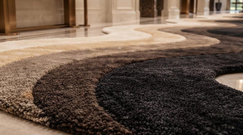 Hand Tufted New Zealand Wool Runner Rug, Luxury Abstract Wavy Black ...