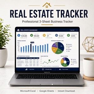 Op de afbeelding: Een laptopscherm met een vastgoedtracker-dashboard met financiële statistieken, omzetgrafieken en vastgoedgegevens. De interface bevat een dashboardkoptekst, staafdiagrammen, cirkeldiagrammen en lijngrafieken voor het bijhouden van prestaties.