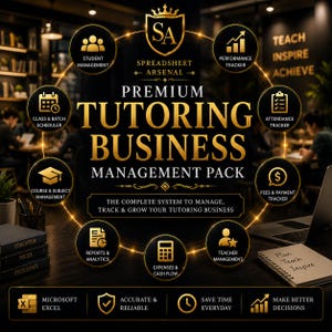 Könnte beinhalten: Ein digitales Geschäftsverwaltungspaket für Tutoren namens Spreadsheet Arsenal mit goldenem Text und Symbolen auf schwarzem Hintergrund. Es enthält Module für Studentenverwaltung, Leistungsverfolgung, Zeitplanung und Finanzen.