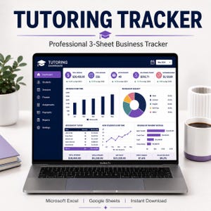 May include: A laptop screen displaying a Tutoring Tracker dashboard with data visualisations including bar charts, a pie chart, and line graphs. The interface features a dark blue sidebar, purple accents, and text labels for revenue, sessions, and students.