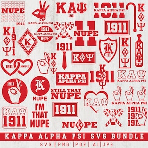 Może przedstawiać: Kolekcja czerwonych wzorów graficznych przedstawiających symbole bractwa Kappa Alpha Psi, w tym greckie litery KΑΨ, rok 1911, gesty dłoni, serca, tarcze, laski oraz napisy takie jak NUPE, rozmieszczone na jednolitym białym tle.