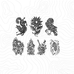 May include: A collection of seven black and white illustrations featuring a wolf, a flower, a bird, a mask, a campfire, a dagger, and a spider. Each design is rendered with intricate, swirling line work and detailed patterns.